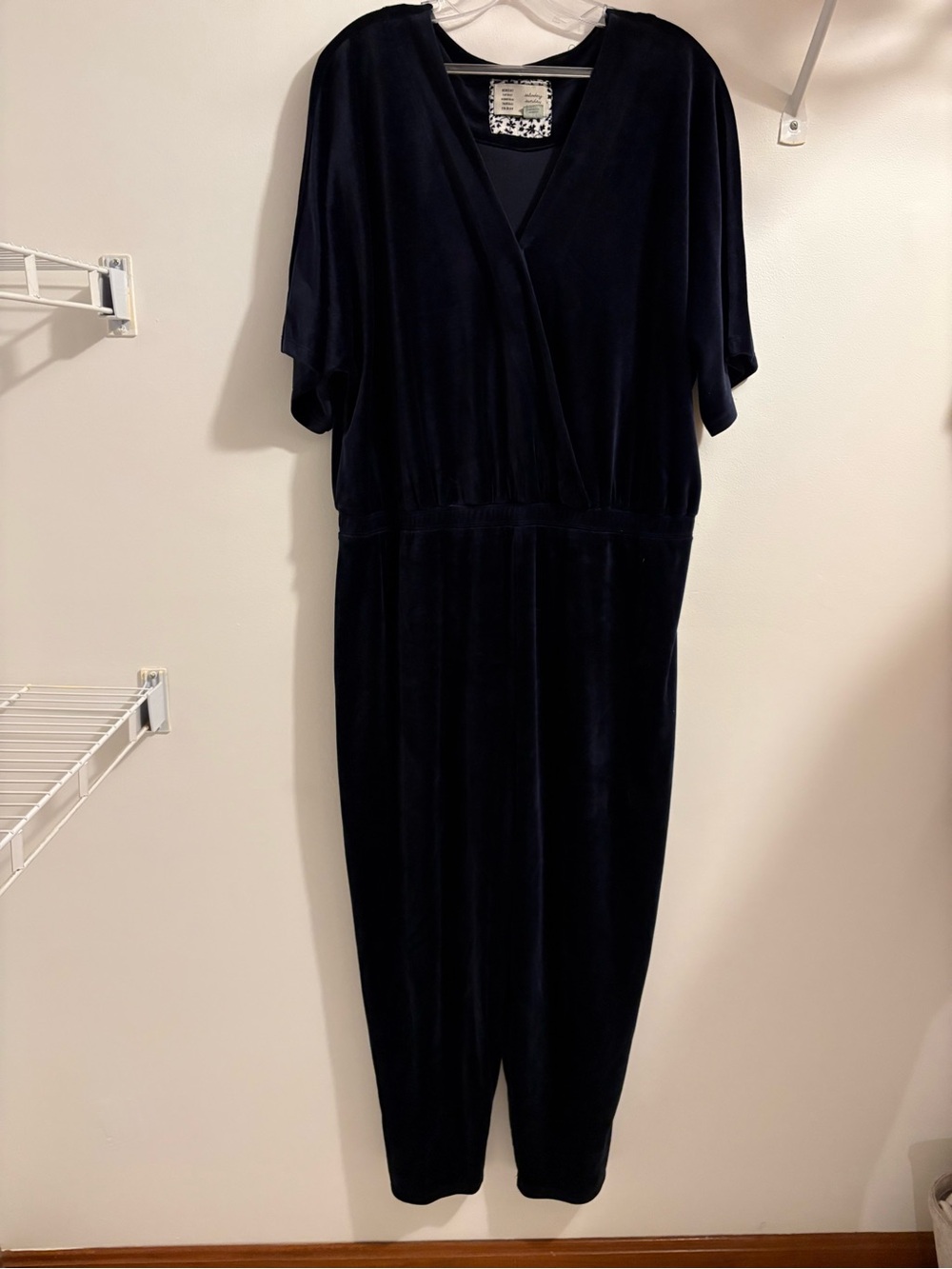 Navy Velvet Jumpsuit Dressy Wrap Top Dolman Sleeve Anthropologie XL